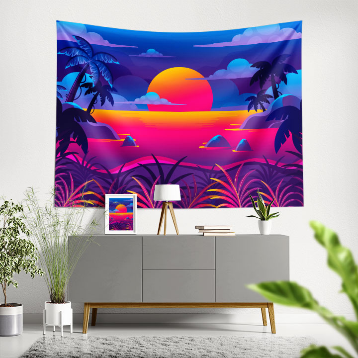Neon Tropikal Gün Batımı Manzara Duvar Örtüsü 4433