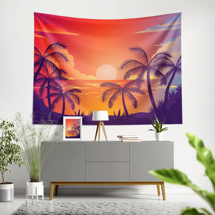Palmiye Silüetli Gün Batımı Tropikal Duvar Örtüsü 4434