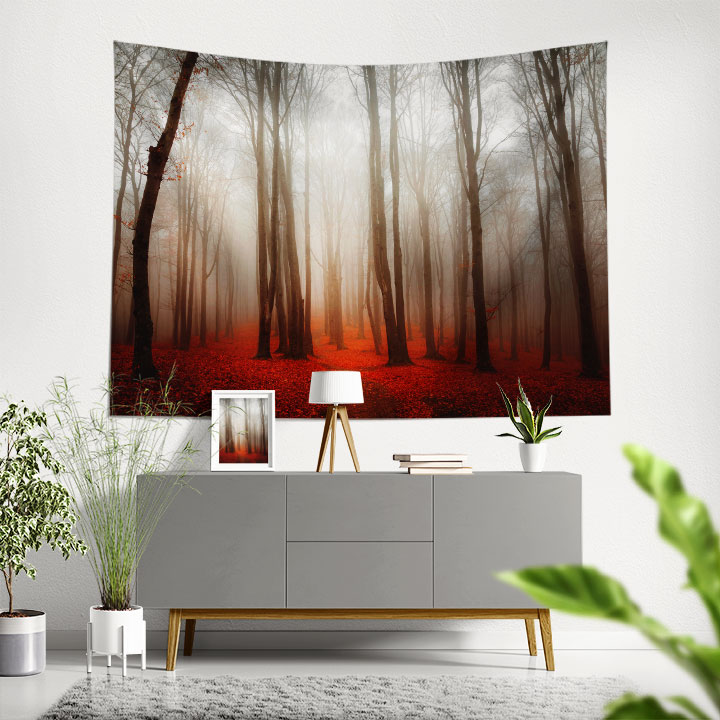 Sisli Orman Kırmızı Yapraklı Manzara Duvar Örtüsü 4435