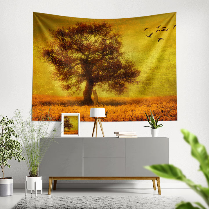 Altın Tonlu Yalnız Ağaç Manzara Duvar Örtüsü 4436
