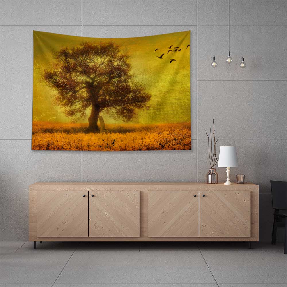 Altın Tonlu Yalnız Ağaç Manzara Duvar Örtüsü 4436