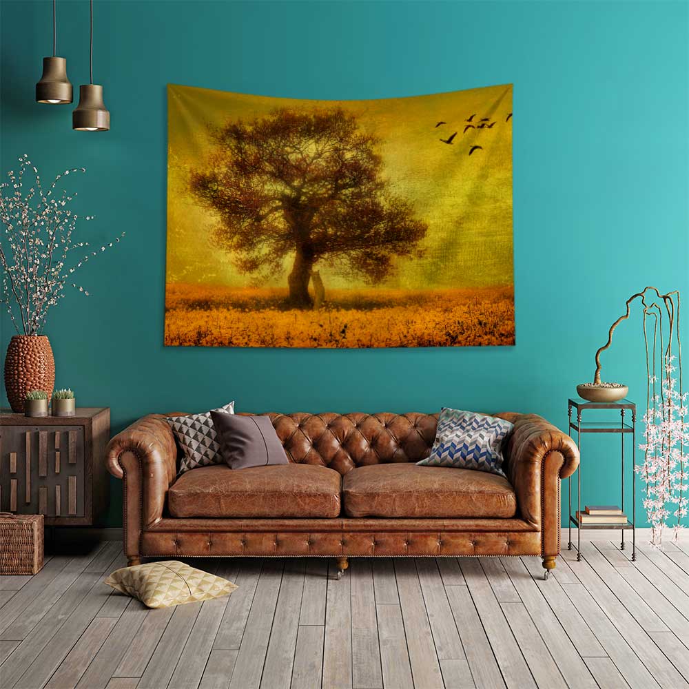 Altın Tonlu Yalnız Ağaç Manzara Duvar Örtüsü 4436