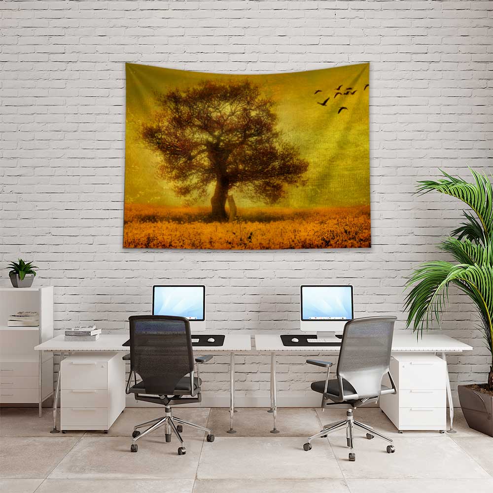 Altın Tonlu Yalnız Ağaç Manzara Duvar Örtüsü 4436