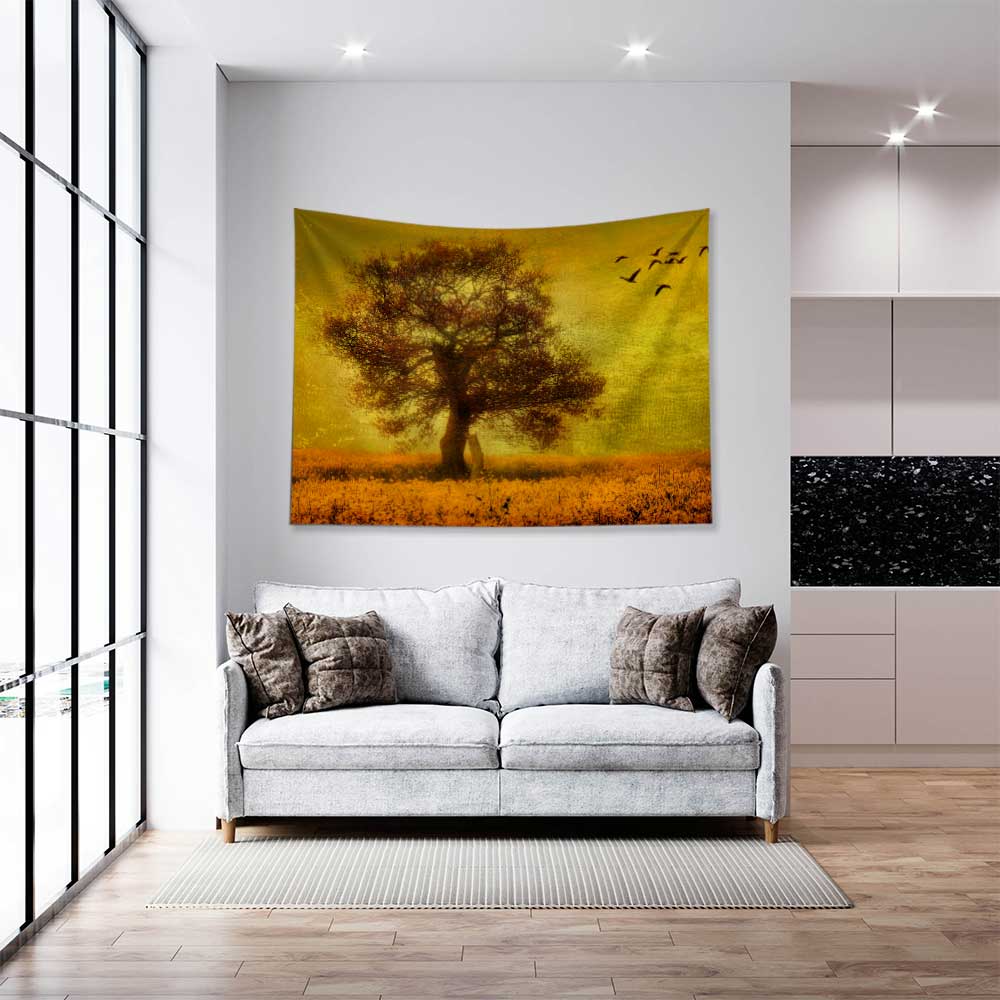 Altın Tonlu Yalnız Ağaç Manzara Duvar Örtüsü 4436