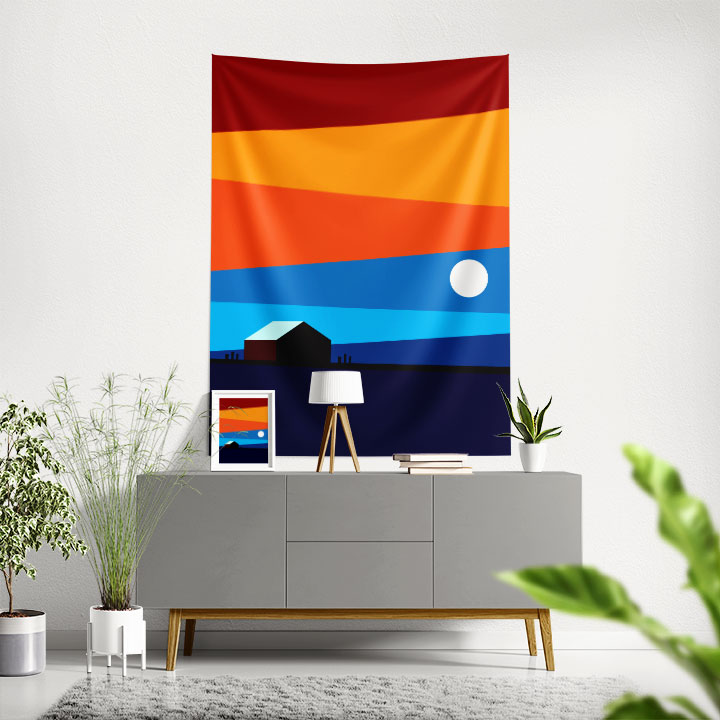 Minimal Gün Batımı ve Ev Silüeti Duvar Örtüsü 4443