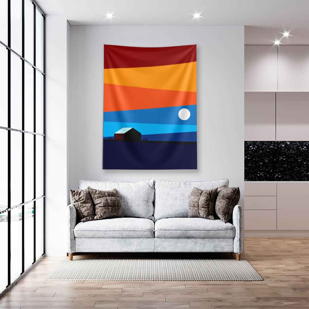 Minimal Gün Batımı ve Ev Silüeti Duvar Örtüsü 4443