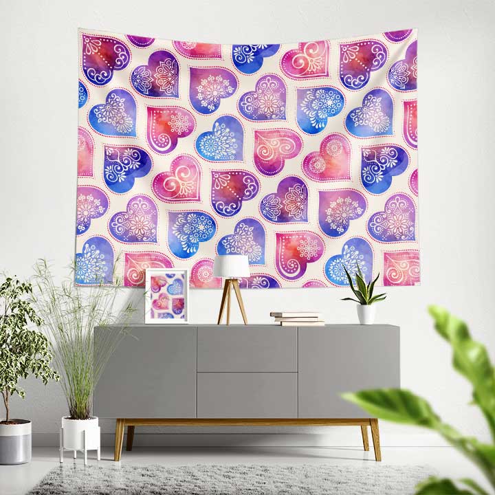 Renkli Mandala Kalp Desenli Duvar Örtüsü 4531