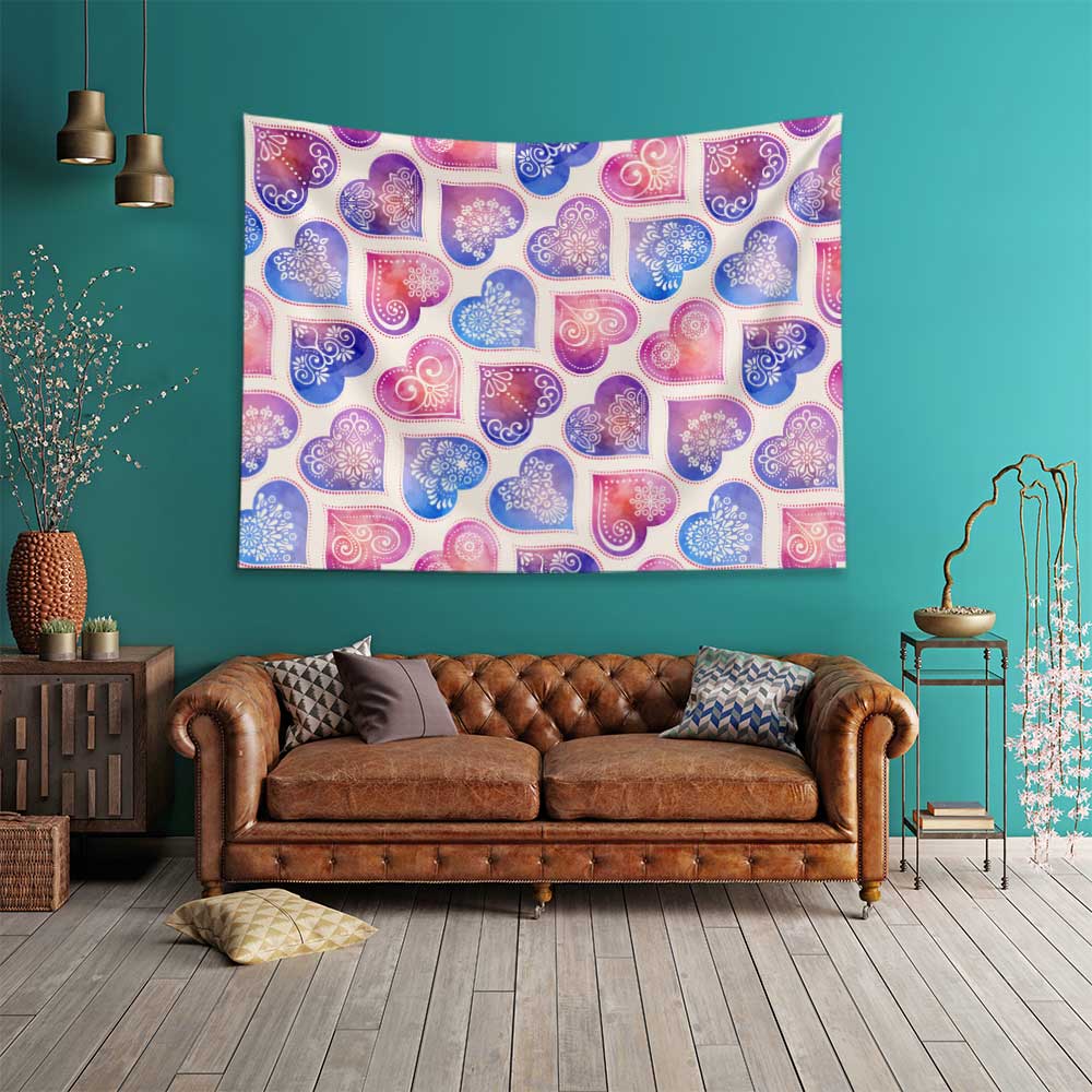 Renkli Mandala Kalp Desenli Duvar Örtüsü 4531