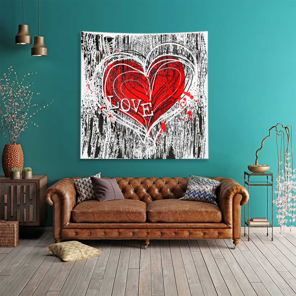 Modern Grafiti Kalp Tasarımlı Romantik Duvar Örtüsü 4538