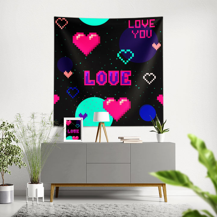 Retro Pixel Kalp Tasarımlı LOVE Temalı Duvar Örtüsü 4539