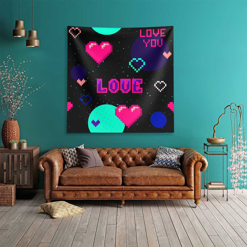 Retro Pixel Kalp Tasarımlı LOVE Temalı Duvar Örtüsü 4539