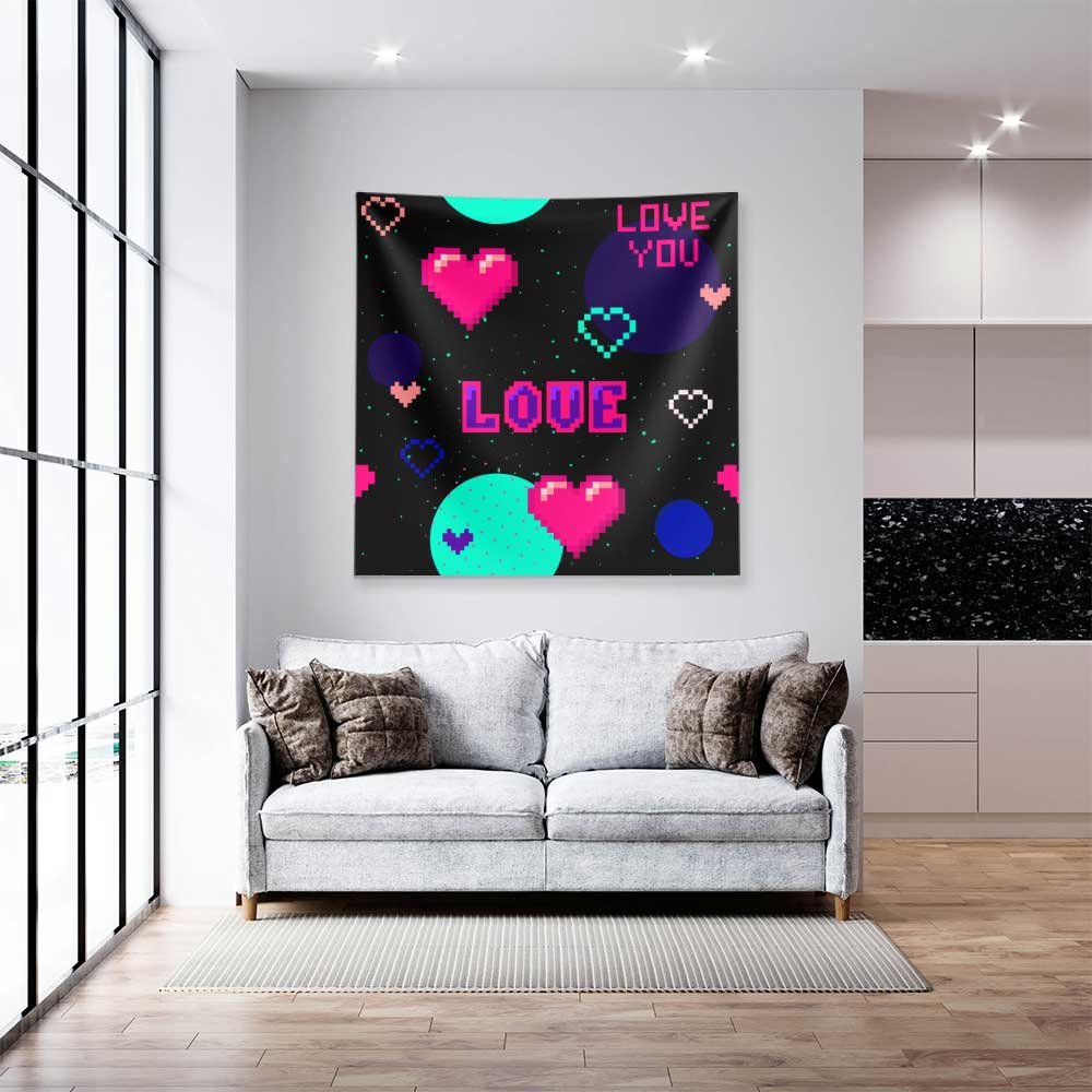 Retro Pixel Kalp Tasarımlı LOVE Temalı Duvar Örtüsü 4539