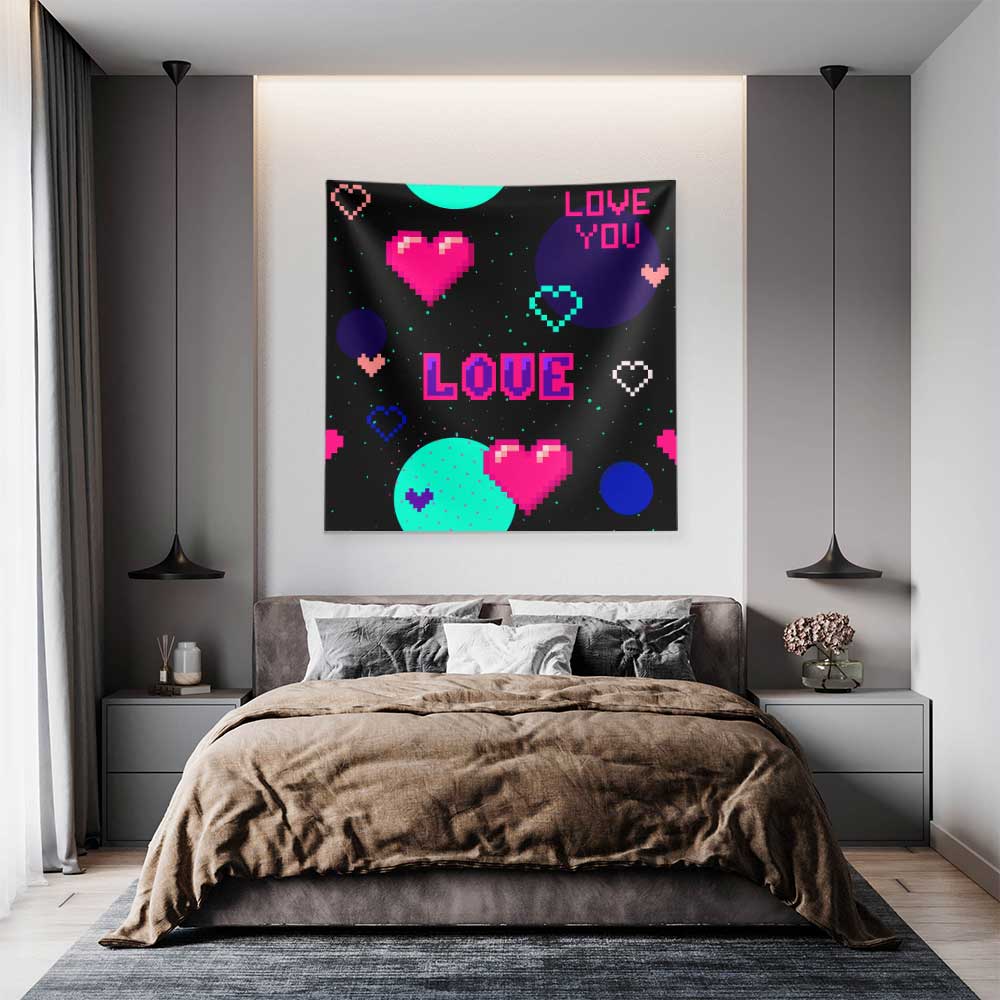 Retro Pixel Kalp Tasarımlı LOVE Temalı Duvar Örtüsü 4539