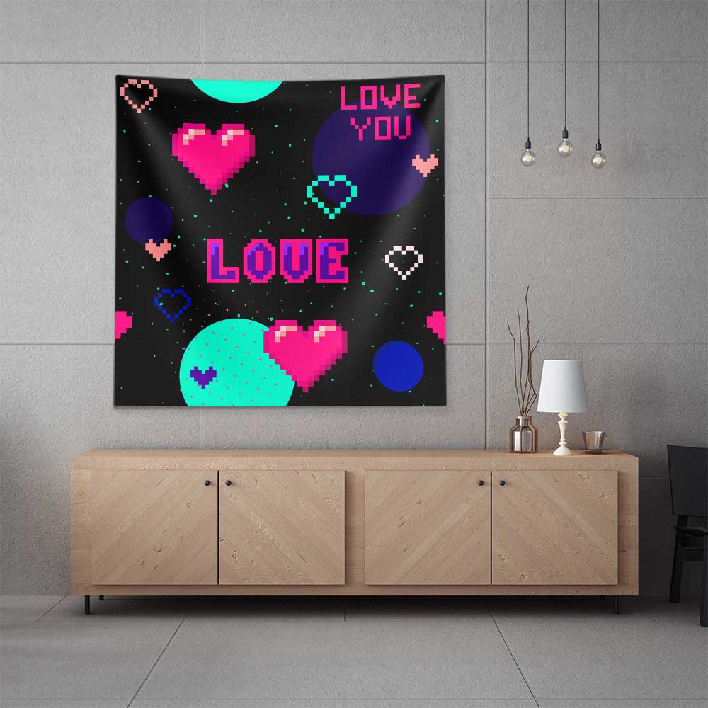 Retro Pixel Kalp Tasarımlı LOVE Temalı Duvar Örtüsü 4539