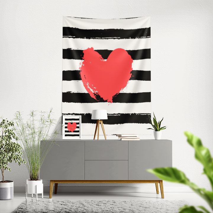 Modern Çizgili Kırmızı Kalp Tasarımlı Romantik Duvar Örtüsü 4541