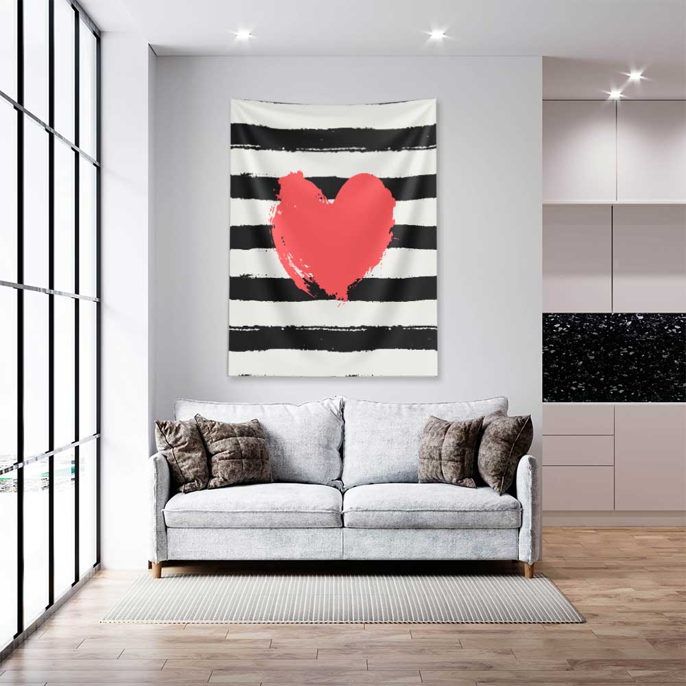 Modern Çizgili Kırmızı Kalp Tasarımlı Romantik Duvar Örtüsü 4541