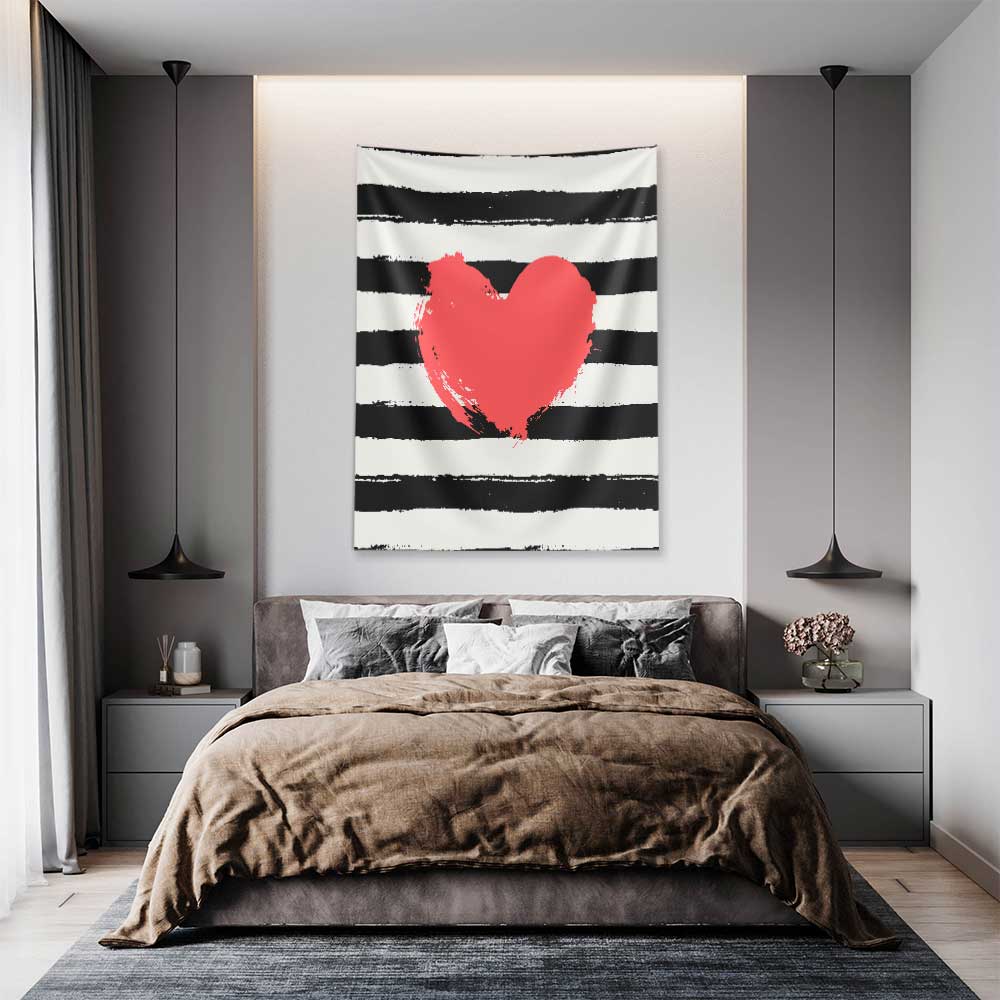Modern Çizgili Kırmızı Kalp Tasarımlı Romantik Duvar Örtüsü 4541
