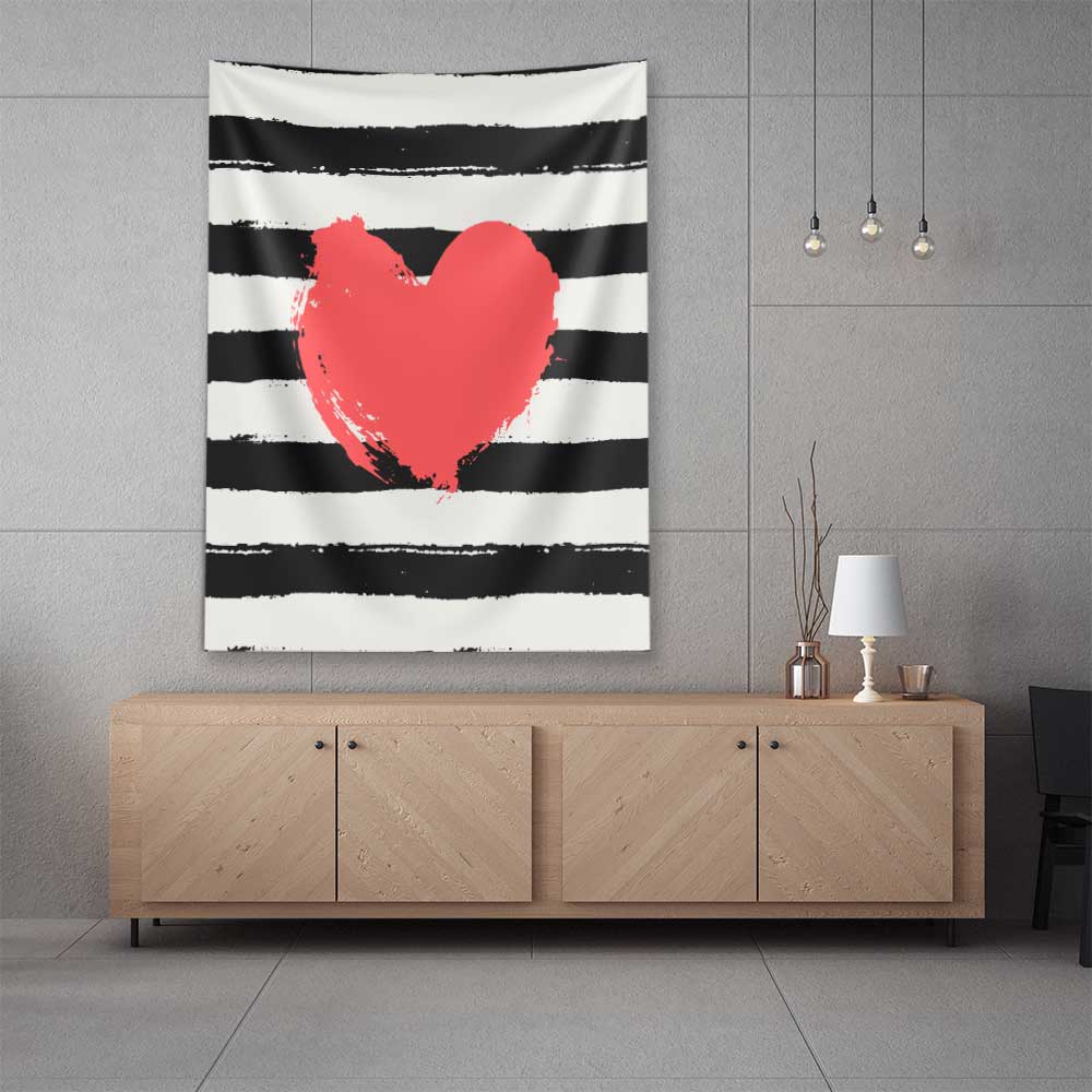 Modern Çizgili Kırmızı Kalp Tasarımlı Romantik Duvar Örtüsü 4541