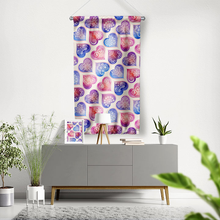 Pastel Kalp Desenli Romantik Duvar Flaması 4551