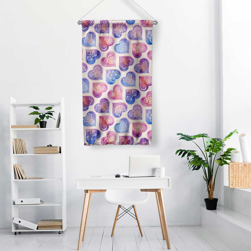 Pastel Kalp Desenli Romantik Duvar Flaması 4551