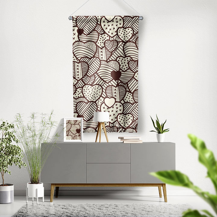Minimal Çizim Kalp Desenli Romantik Duvar Flaması 4552