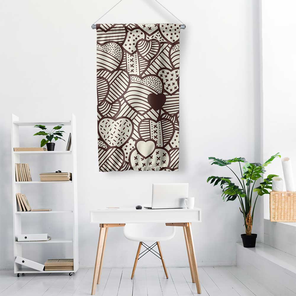 Minimal Çizim Kalp Desenli Romantik Duvar Flaması 4552