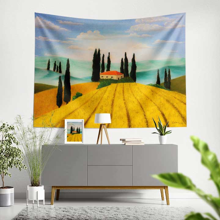 duvar-ortusu-4731-00 Altın Tarlalar ve Selvi Ağaçları Kır Manzarası Duvar Örtüsü Kumaş Baskı 4731