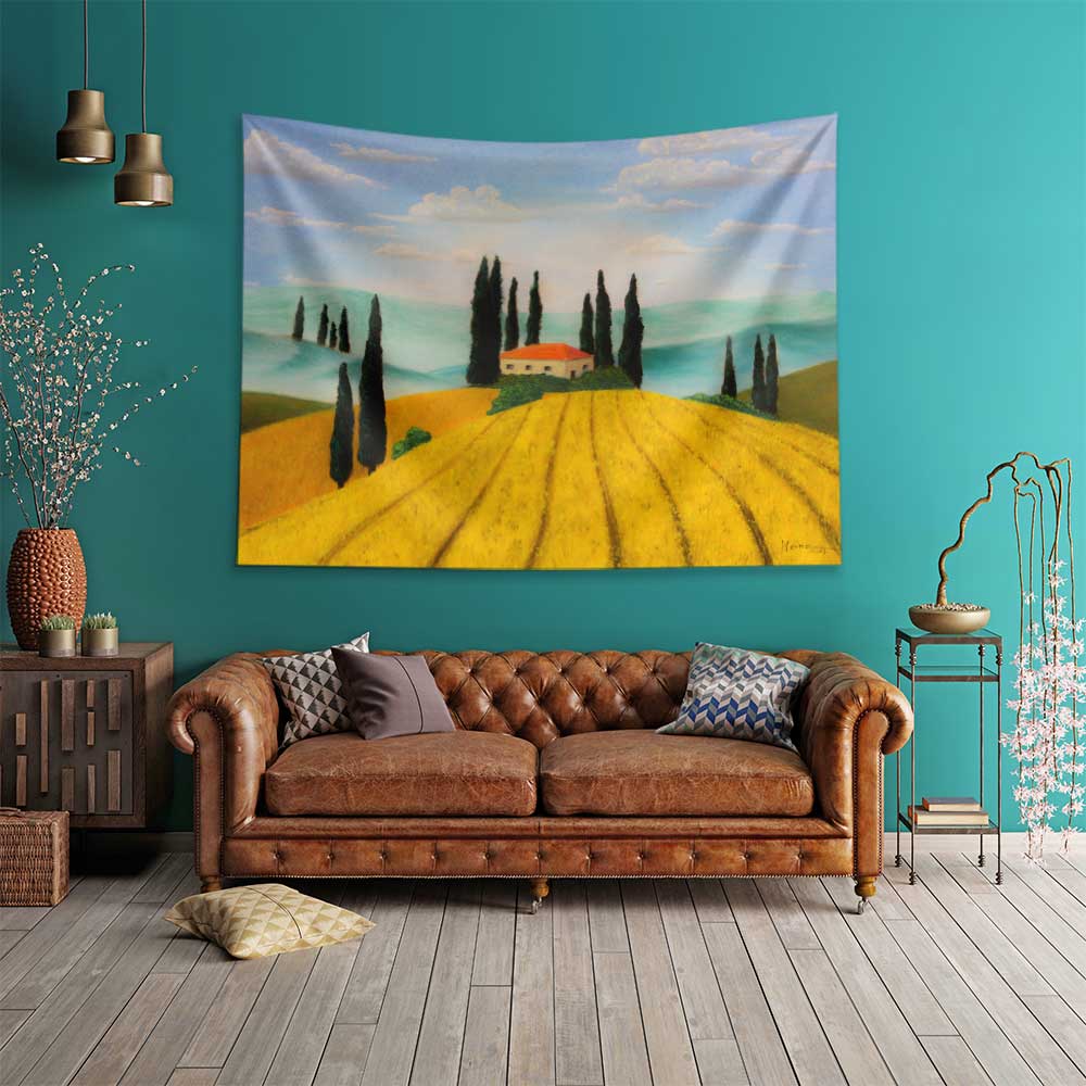 Altın Tarlalar ve Selvi Ağaçları Kır Manzarası Duvar Örtüsü Kumaş Baskı 4731