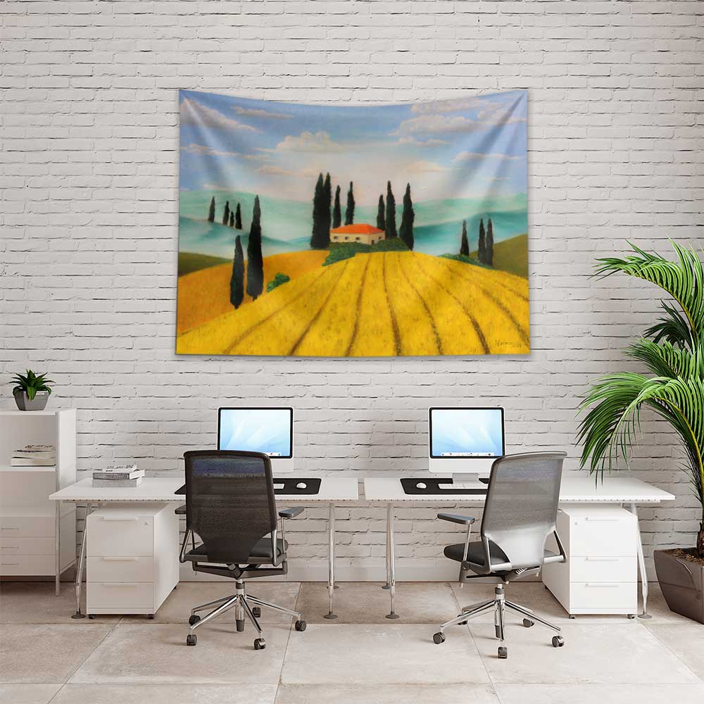 Altın Tarlalar ve Selvi Ağaçları Kır Manzarası Duvar Örtüsü Kumaş Baskı 4731