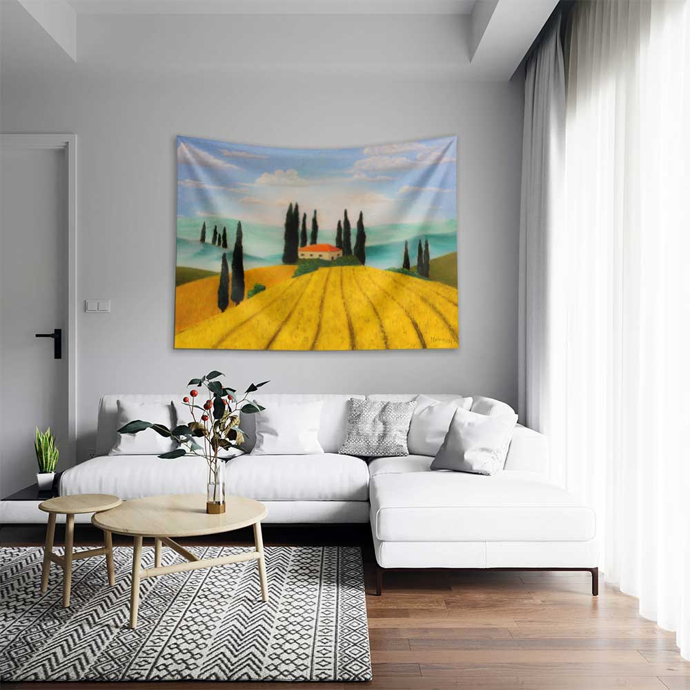 Altın Tarlalar ve Selvi Ağaçları Kır Manzarası Duvar Örtüsü Kumaş Baskı 4731