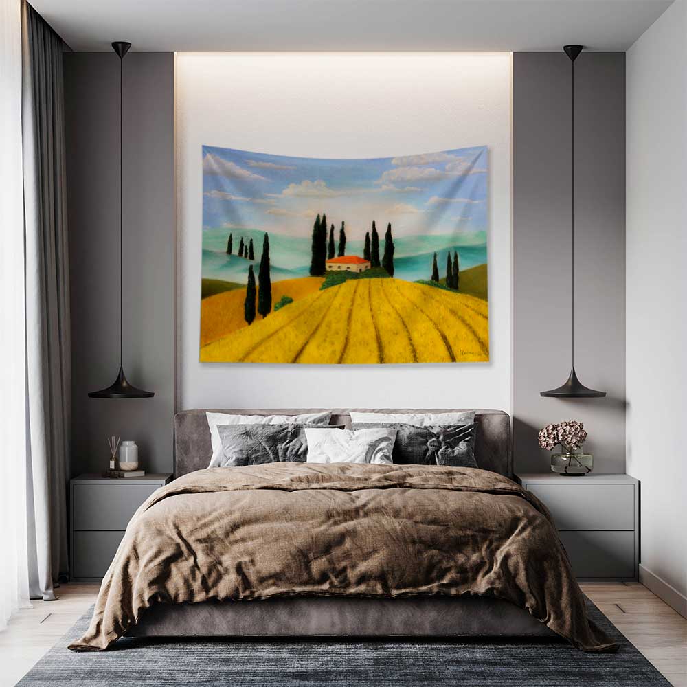 Altın Tarlalar ve Selvi Ağaçları Kır Manzarası Duvar Örtüsü Kumaş Baskı 4731