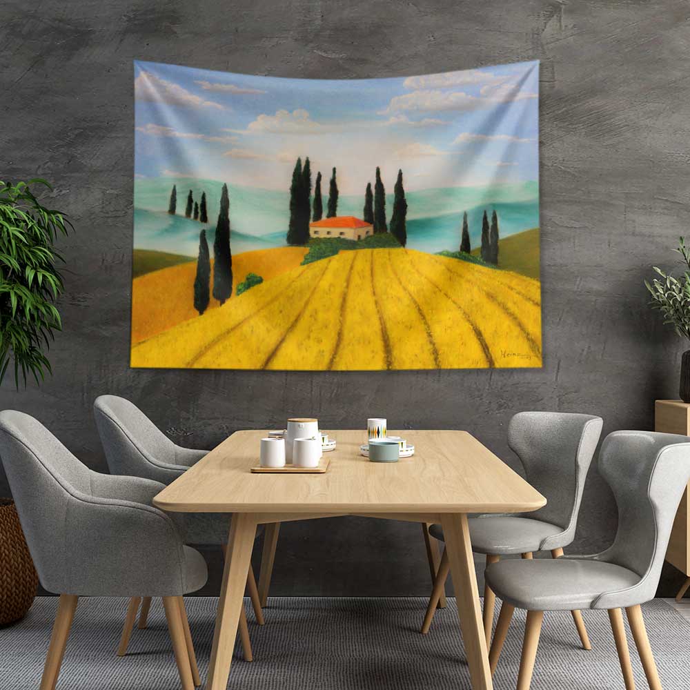 Altın Tarlalar ve Selvi Ağaçları Kır Manzarası Duvar Örtüsü Kumaş Baskı 4731