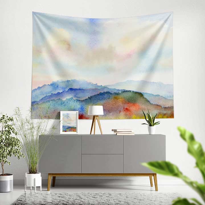 Suluboya Dağ Manzarası Minimal Duvar Örtüsü Kumaş Baskı 4733