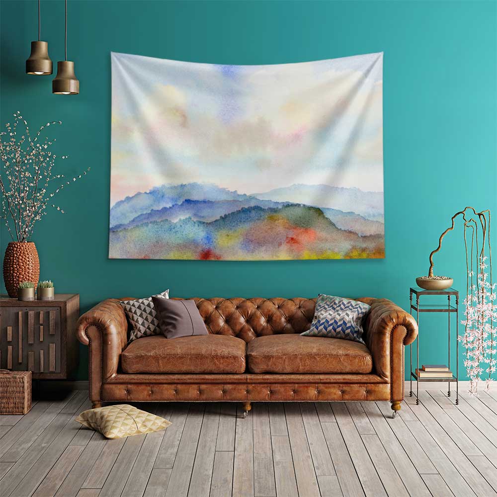 Suluboya Dağ Manzarası Minimal Duvar Örtüsü Kumaş Baskı 4733