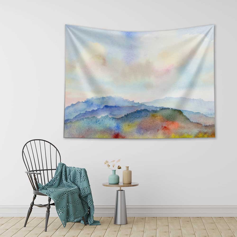 Suluboya Dağ Manzarası Minimal Duvar Örtüsü Kumaş Baskı 4733