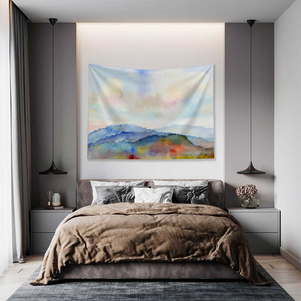 Suluboya Dağ Manzarası Minimal Duvar Örtüsü Kumaş Baskı 4733