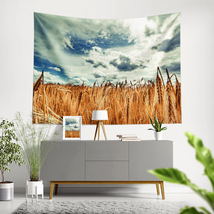 duvar-ortusu-4734-00 Altın Buğday Tarlası ve Gökyüzü Kır Manzarası Duvar Örtüsü Kumaş Baskı 4734