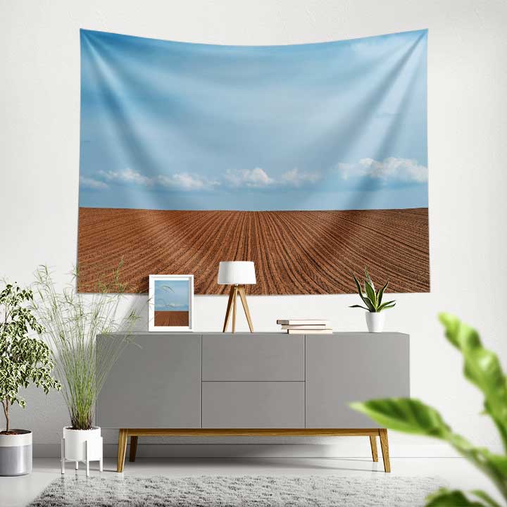 Sürülmüş Tarla ve Gökyüzü Minimal Kır Manzarası Duvar Örtüsü Kumaş Baskı 4740