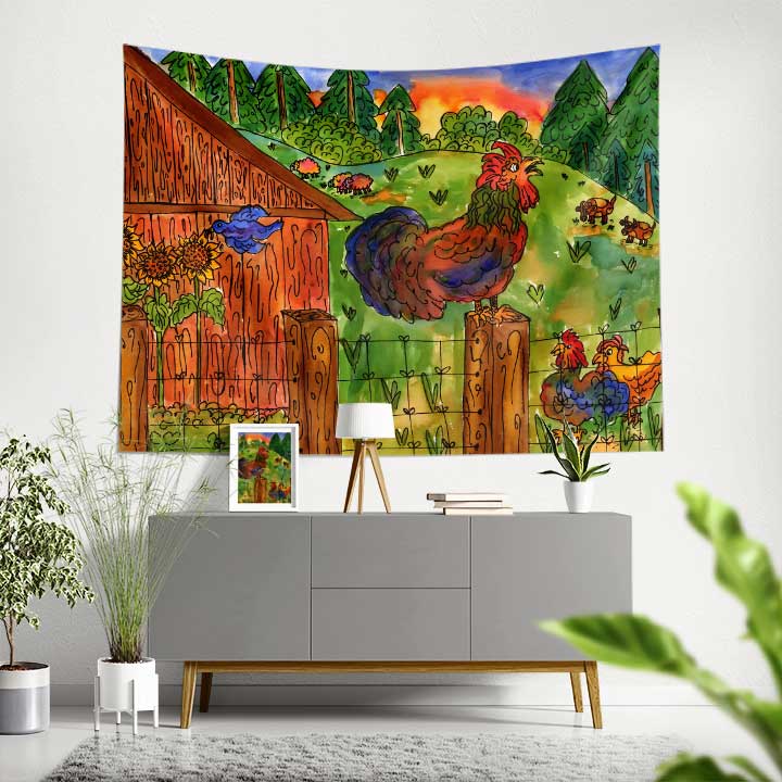 Çiftlikte Horoz ve Tavuk İllüstrasyonlu Duvar Örtüsü 4744