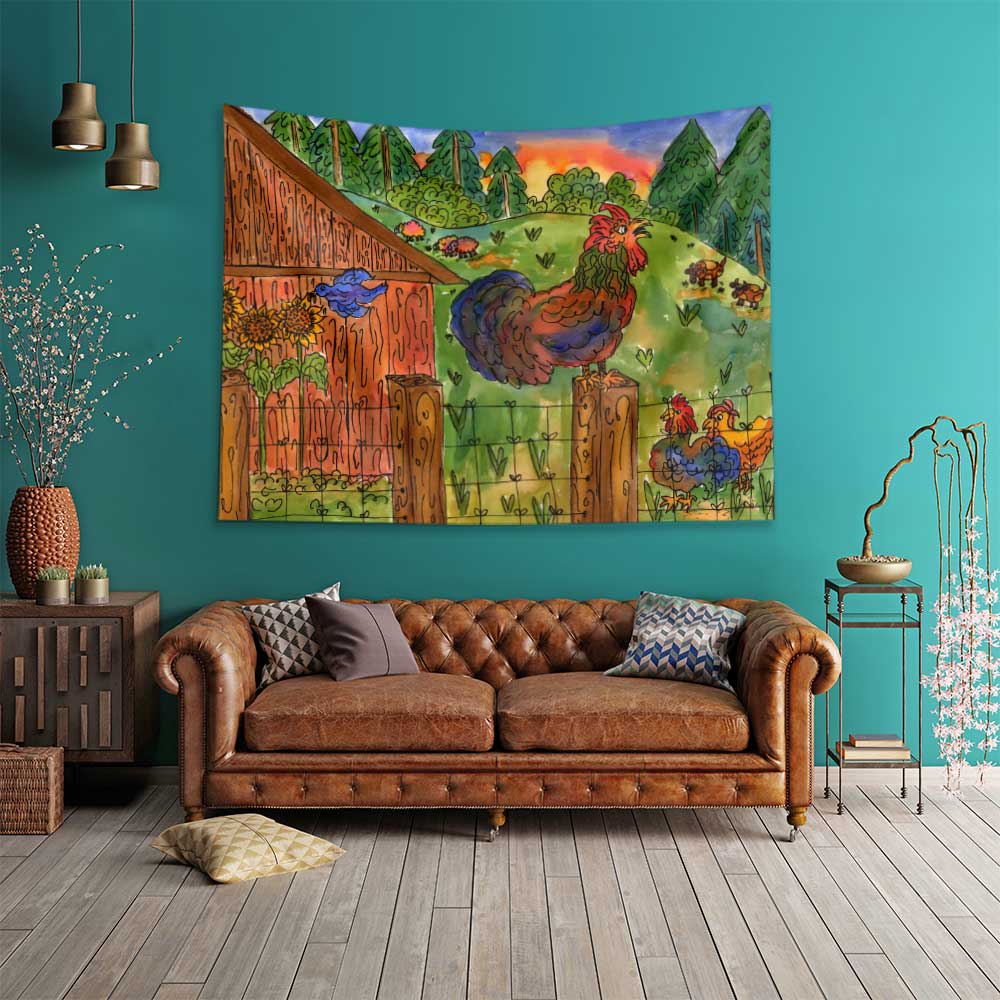 Çiftlikte Horoz ve Tavuk İllüstrasyonlu Duvar Örtüsü 4744