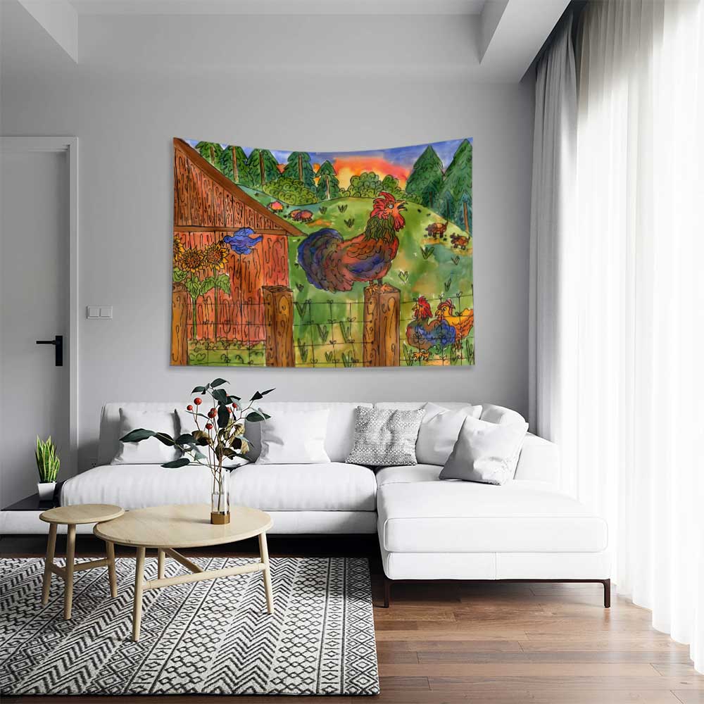Çiftlikte Horoz ve Tavuk İllüstrasyonlu Duvar Örtüsü 4744