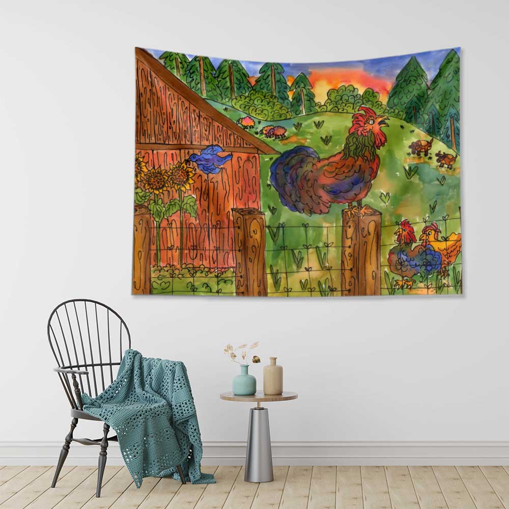 Çiftlikte Horoz ve Tavuk İllüstrasyonlu Duvar Örtüsü 4744