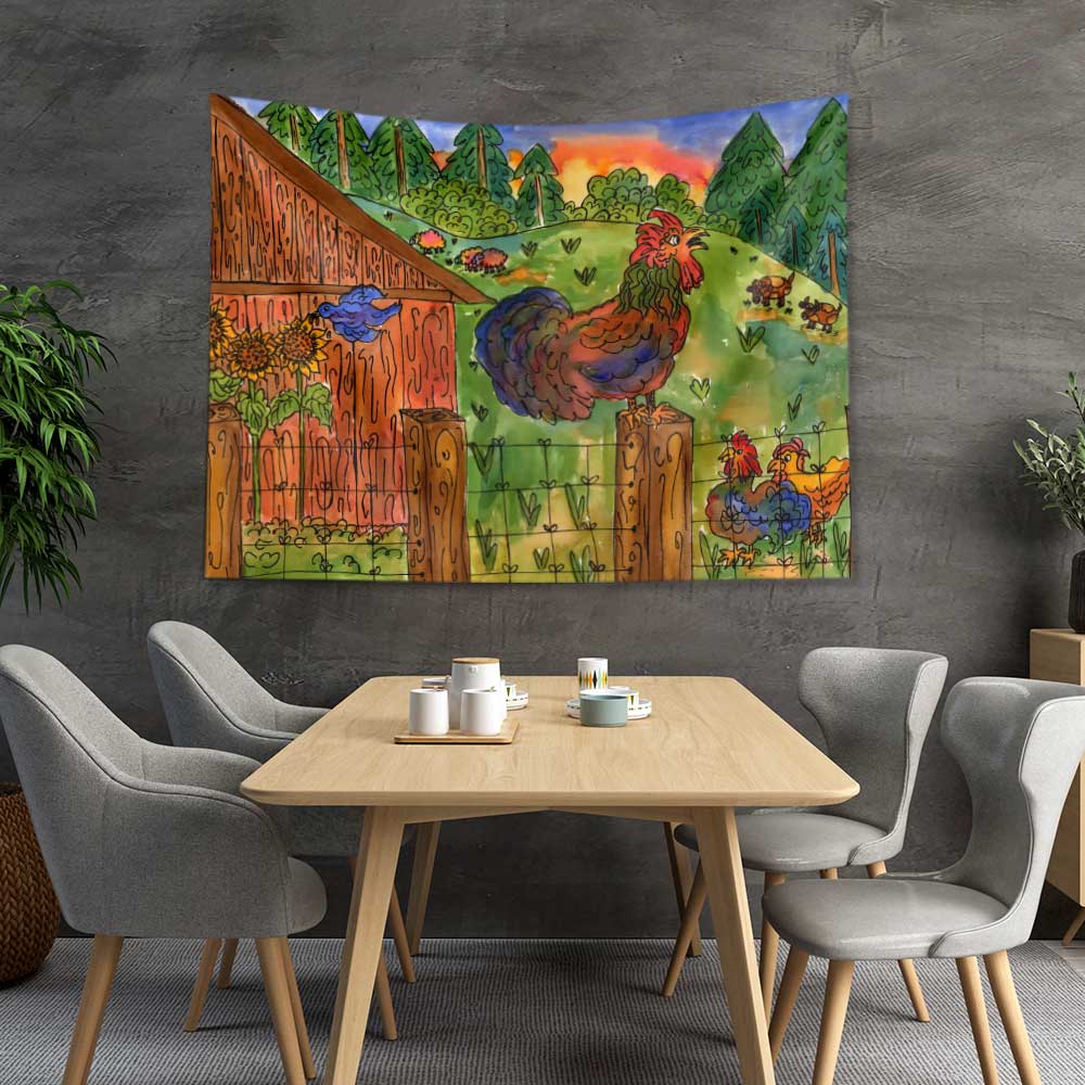 Çiftlikte Horoz ve Tavuk İllüstrasyonlu Duvar Örtüsü 4744