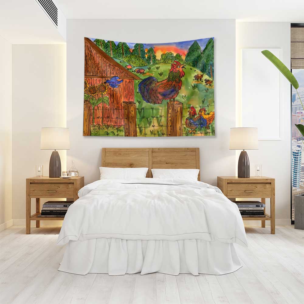 Çiftlikte Horoz ve Tavuk İllüstrasyonlu Duvar Örtüsü 4744