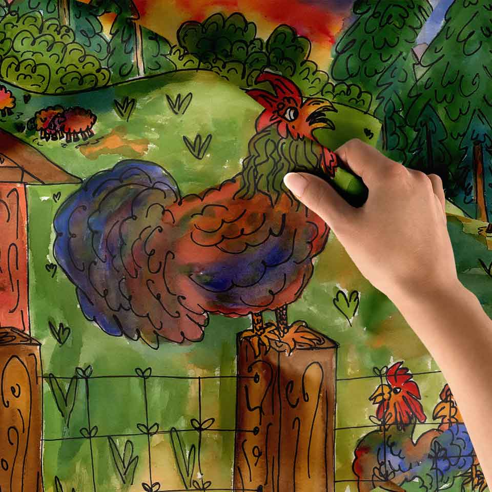 Çiftlikte Horoz ve Tavuk İllüstrasyonlu Duvar Örtüsü 4744