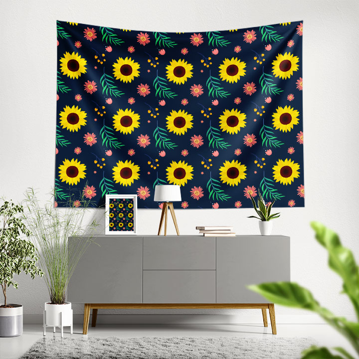 Lacivert Zemin Üzerinde Ayçiçeği Desenli Duvar Örtüsü 4752