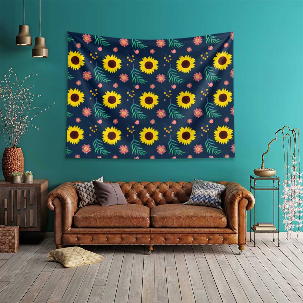 Lacivert Zemin Üzerinde Ayçiçeği Desenli Duvar Örtüsü 4752