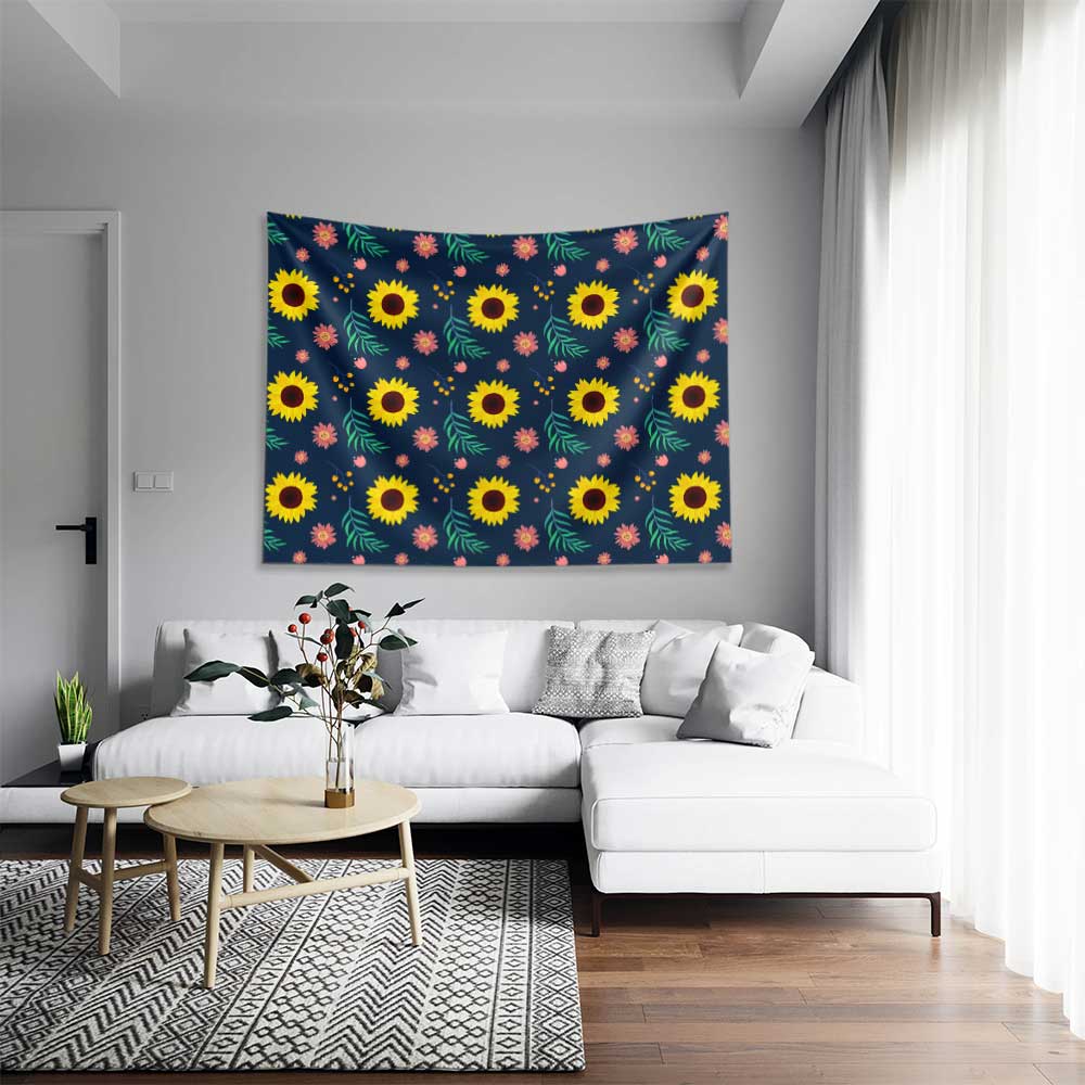 Lacivert Zemin Üzerinde Ayçiçeği Desenli Duvar Örtüsü 4752