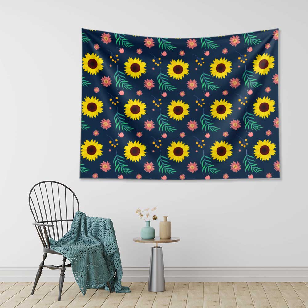 Lacivert Zemin Üzerinde Ayçiçeği Desenli Duvar Örtüsü 4752