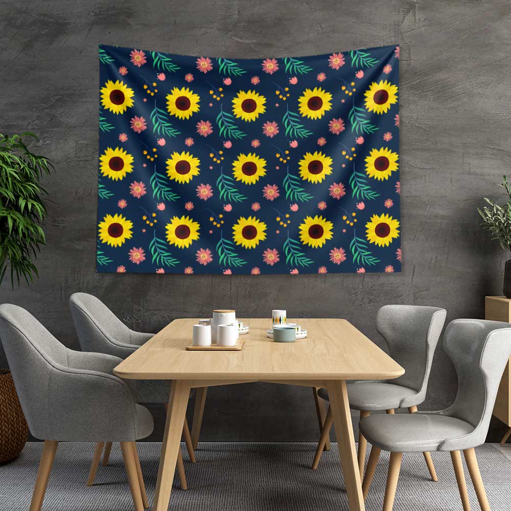 Lacivert Zemin Üzerinde Ayçiçeği Desenli Duvar Örtüsü 4752